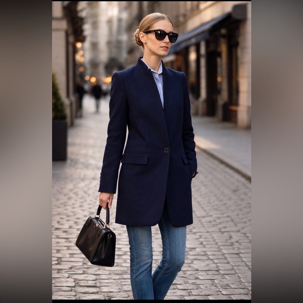 PINK TARTAN - Navy Wool Car Coat - M